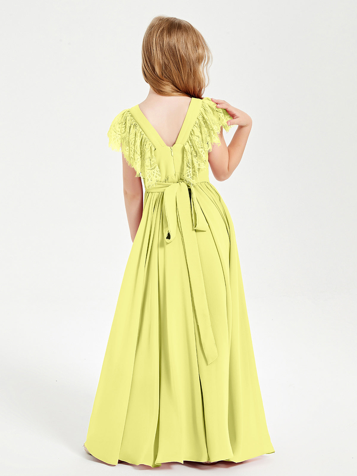 Chiffon Junior Bridesmaid Dresses with Lace Flutter Sleeves Daffodil